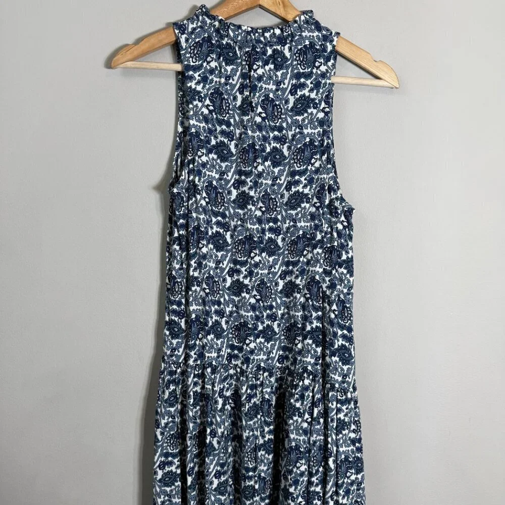 Mango Floral Paisley Print Button Up Tiered Maxi Dress Women's 2 Blue White NWT